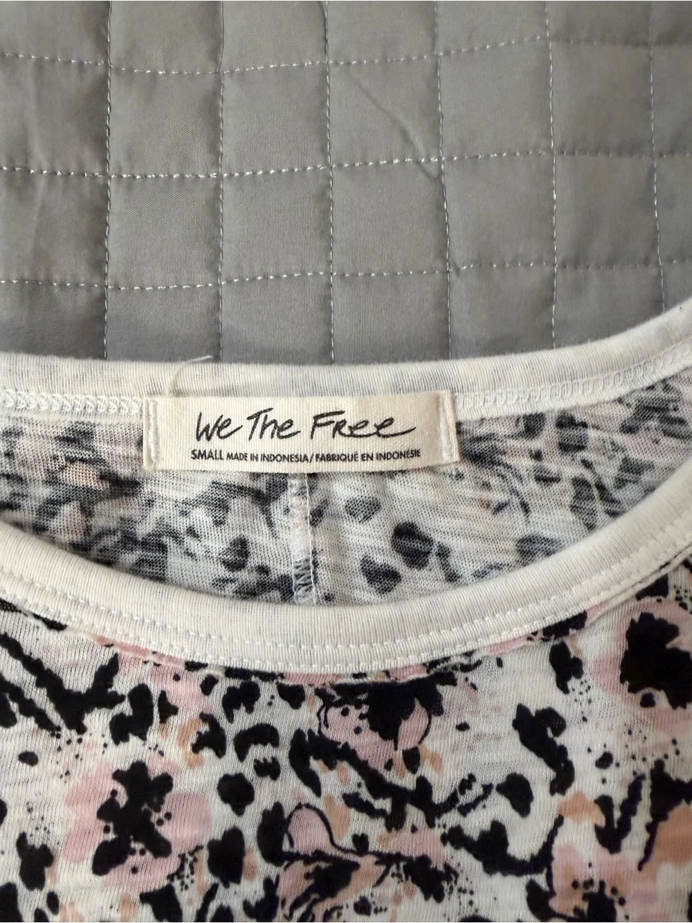 Free People White Short Sleeve Tee with Pink and Black Floral Print